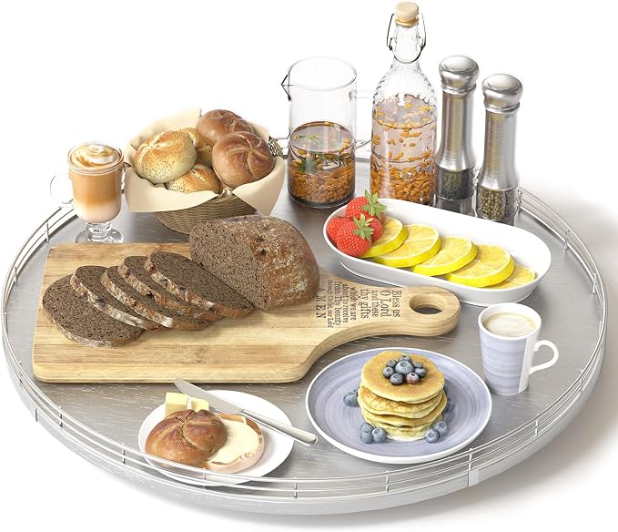 Oroyutor 16-Inch Oak Lazy Susan Organizer with Silver Iron Rail | Oak wood base, silver iron rail and smooth 360-degree rotation for dining tables, kitchen counters and spice storage.