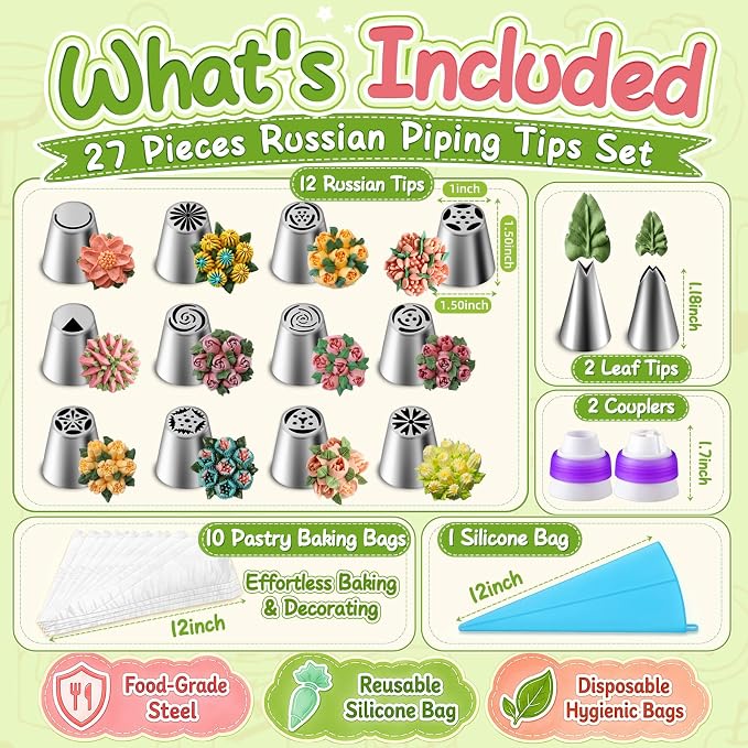 Suuker 27 Pieces Russian Piping Tips Set | 12 Icing Tips, 10 Pastry Baking Bags, 2 Leaf Piping Tips, 2 Couplers, 1 Silicone Bag