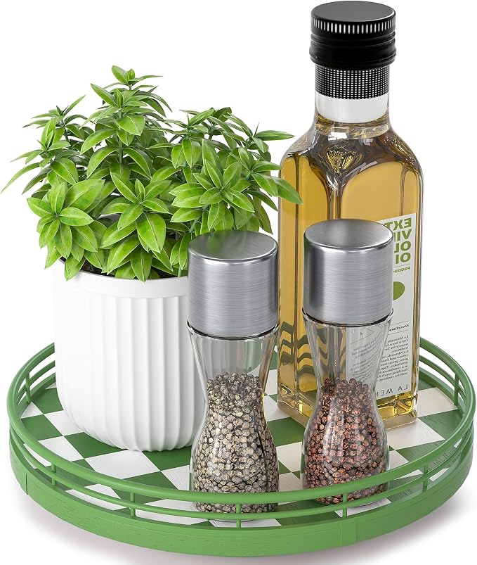 Green and White Checkerboard Lazy Susan with Rubberwood Base and Metal Rail | Smooth rotating oak tray with walnut finish for dining tables, kitchen counters, pantries and cabinet storage.
