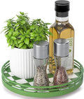 Green and White Checkerboard Lazy Susan with Rubberwood Base and Metal Rail | Smooth rotating oak tray with walnut finish for dining tables, kitchen counters, pantries and cabinet storage.