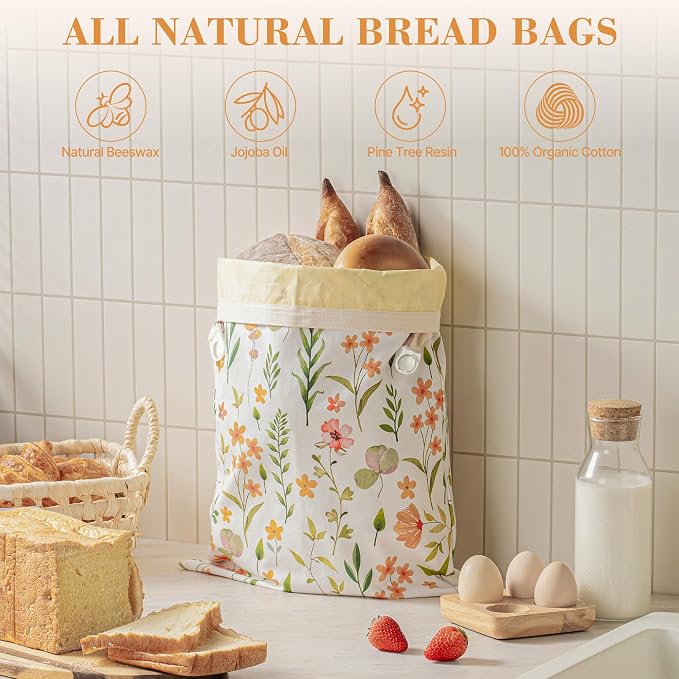 Bread Bags for Homemade Bread, Reusable Beeswax Bread Bag, 2 Pack Beeswax Bread Bags for Sourdough, Natural Cotton Beeswax Bags, Large Capacity
