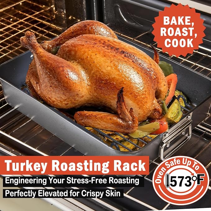 Nonstick Roasting Rack, Heavy-Duty Fit for Turkey Roasting Pan 12"x 7.5" | Easy Release & Quick Cleanup Dishwasher Safe, 2 Heights Design for Oven or Grilling Cooking Needs, Holds up to 25lbs Turkey