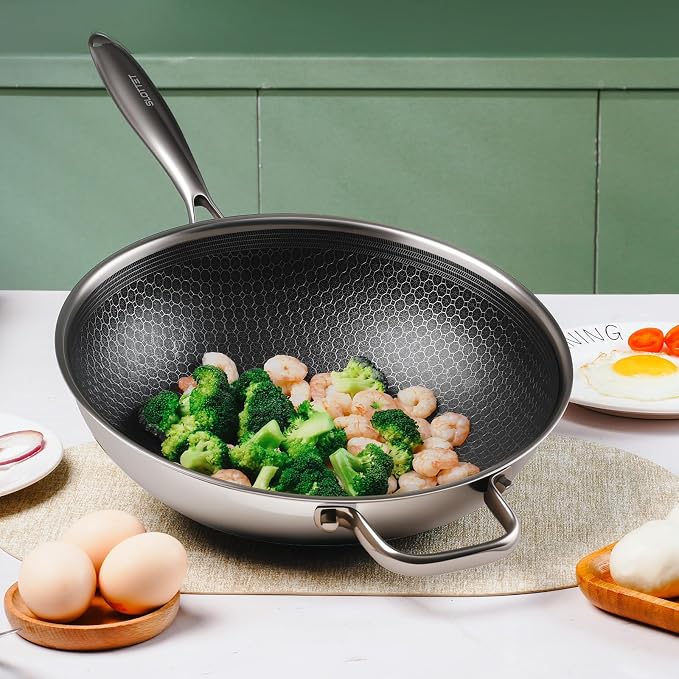 SLOTTET Hybrid 12-Inch Wok with Steamer,Nonstick Stainless Steel Woks & Stir-fry pans with Lid,Stay-Cool Handle,PFOA Free Cookware,Dishwasher and Oven Safe, Works on Induction