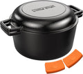 2-in-1 Pre-Seasoned Cast Iron Double Dutch Oven Pot with Skillet Lid & Silicone Sleeves – Raised Rib Skillet Lid– Umite Chef 7QT Cast Iron Skillet Cookware Pan Set wirh Dual Handles – Oven, Grill, Campfire & Stovetop Safe –PFAS-Free