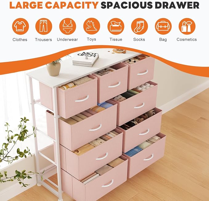 Sweetcrispy 9 Drawer Fabric Dresser Storage Tower Drawer Organizer, Pink | Sturdy Steel Frame with Wood-top, Easy-pull Handles, Space-Saving Organizer Chest for Girls Bedroom, Closet, Lightweight