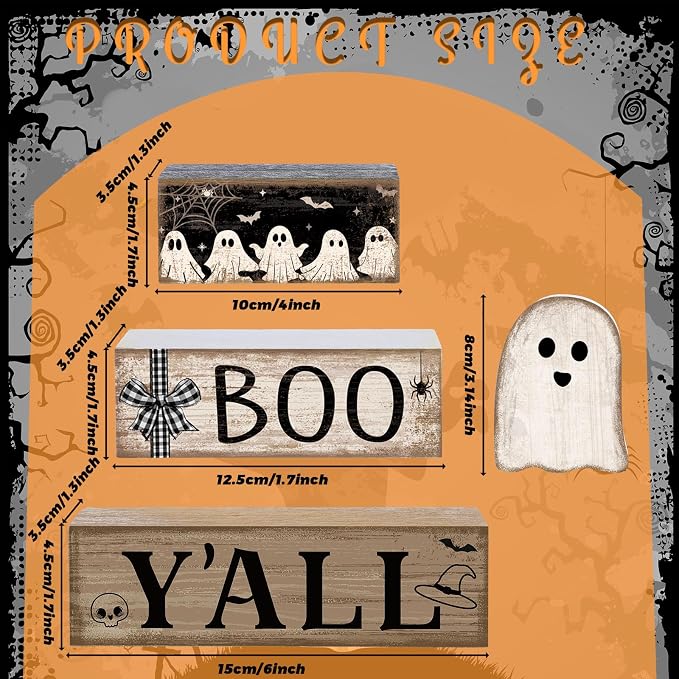 Lineshading 4 Pcs Halloween Table Decoration Wooden Ghost Tiered Tray Decor | Ghost Stackable Blocks Signs, Halloween Wooden Centerpiece with BOO YALL Signs, Rustic Home Decor for Tabletop Kitchen Shelf