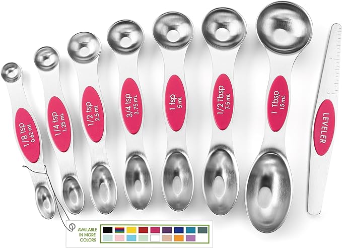 Spring Chef Dual Sided Magnetic Measuring Spoons Set of 8 for Kitchen, Pink | Stainless Steel Teaspoon & Tablespoon Measuring Spoons with Leveler for Dry & Liquid Ingredients, Nesting, Dishwasher Safe