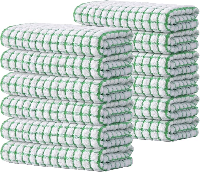 Kitinjoy Cotton 12 Pack Terry Kitchen Towels, Green | 16 x 25 Inches Super Soft and Absorbent Dish Towels, Quick Drying hand towels for kitchen Drying