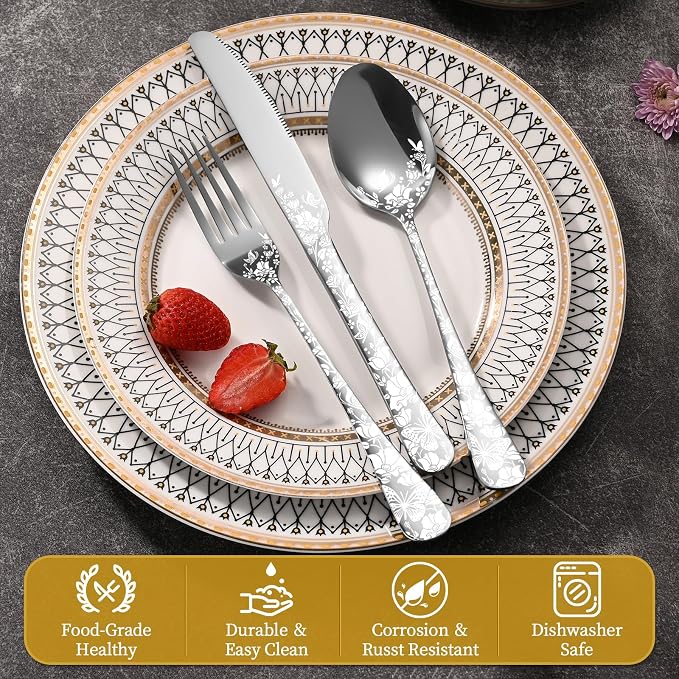 40 Piece Silverware Set, Stainless Steel Flatware Cutlery Set Service for 8, Mirror Polished Tableware Eating Utensils Set for Home Kitchen, Include Knife Fork Spoon Set, Dishwasher Safe