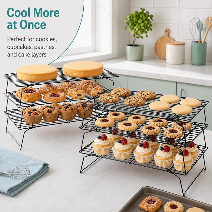 Kingrol 6-Piece Stackable Cooling Racks for Baking, Two 3-Tier Sets | Nonstick-Coated Steel, Foldable Legs, Stacked or Separate Use, Ideal for Cookies, Cupcakes, Pastries, Pies, and Cake Layers