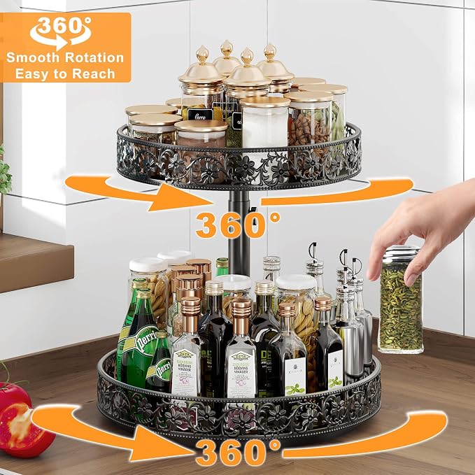 2 Tier Lazy Susan Organizer Turntable Height Adjustable, Black | 12 Inch Two Tier Lazy Susan,Metal Easy Assembly Spice Rack Organizer Rotating for Cabinet Dining Table Top Kitchen Countertop