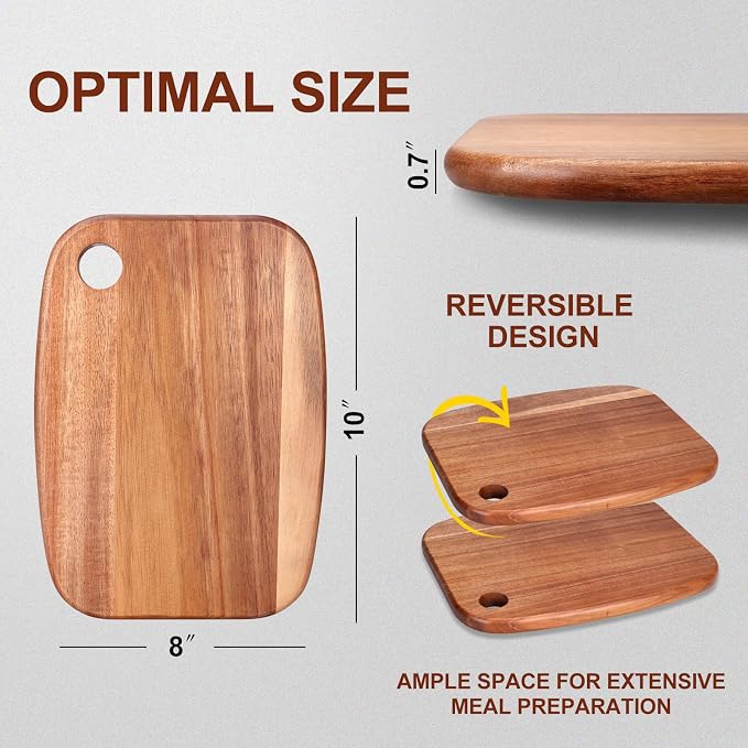 Small Acacia Wood Cutting Boards for Kitchen with Hanging | Medium Wooden Cutting Board for Vegetables, Fruit, Bread, Meat, Cheese, Charcuterie - BPA Free, 10" x 8"