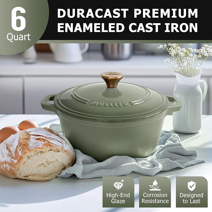 MUELLER HOME 6 Quart Enameled Cast Iron Dutch Oven, Heavy-Duty | For Sourdough Bread Baking, Oven-Safe to 500°F, Across All Cooktops, Casserole Dishes, Green Kitchen Accessories, Thyme Green