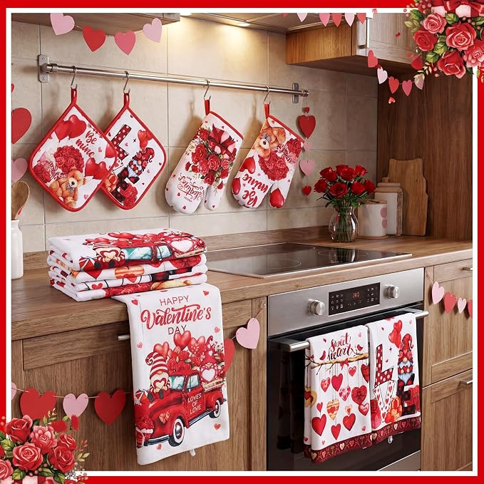 SiliFine 12 Pcs Valentines Day Kitchen Towels Pot Holders and Oven Mitts Set 4 Sweet Heart Gnomes Dish Towels 4 Love Oven Mitts 4 Romantic Red Rose Potholders for Xmas Dish Baking Decorative