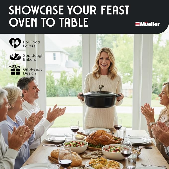 MUELLER HOME 5.5 Quart Enameled Cast Iron Oval Dutch Oven with Rooster Knob & Cotton Potholders, Heavy-Duty Cookware, Oven-Safe up to 500° F & Across All Cooktops, Gifts for Grandma & Women, Black | Rooster Knob, Cotton Potholders Included, Oven-Safe u...