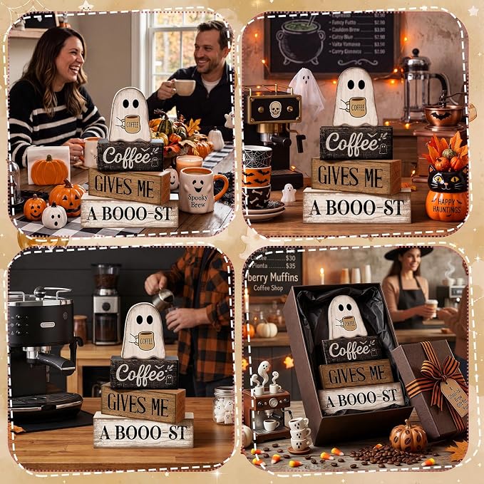 Lineshading 4 Pcs Halloween Tiered Tray Decor, Wooden Ghost Coffee Blocks | Rustic Farmhouse Table Decorations, Stackable Wood Blocks with Boo-st Coffee Theme, Gift for Home Kitchen Seasonal Display