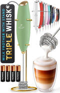 Zulay Kitchen Powerful Milk Frother Wand With Duracell Batteries - Ultra Fast Handheld Drink Mixer - Electric Whisk Foam Maker for Coffee, Lattes, Cappuccino & Matcha - Triple Whisk - Olive Gold