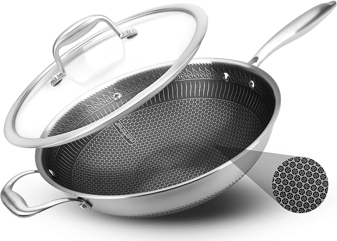 NutriChef 12" Stainless Steel Wok - Induction ready, Non Stick Tri-ply technology, Scratch-resistant Honeycomb Fire Textured Pattern