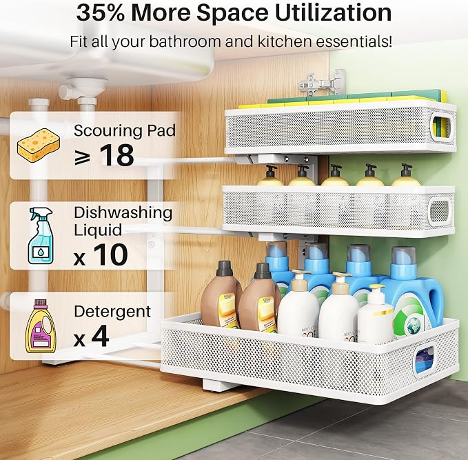Kitstorack Under Sink Organizer, 1-Pack 3-Tier Height Adjustable Thickened Metal Pull out Cabinet Organizer Shelf, Slide out Storage Drawer Rack for Bathroom Kitchen Pantry Home Laundry Organization