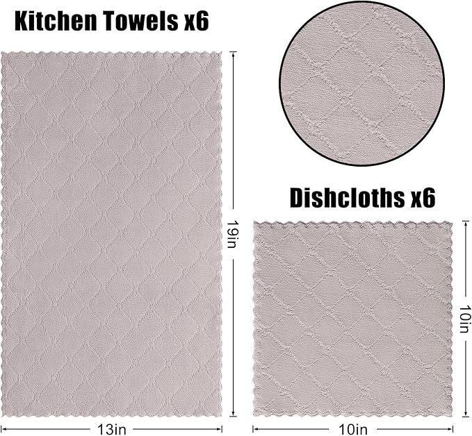 Homaxy Super Soft 12 Pack Kitchen Towels and Dishcloths Set, Grey | Ultra-Absorbent, 10 x 10 and 13 x 19 Inches, Coral Velvet, No Lint, Nonstick Oil, Fast Drying, Microfiber Cleaning Cloth