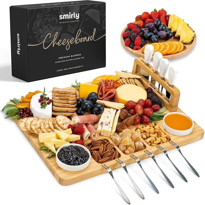 SMIRLY Charcuterie Boards Set, Large Cheese Board with Accessories, Bamboo | House Warming Gifts, Wedding Gifts for Couples, Bridal Shower Gifts, Magnetic Holder for 4 Cheese Knives, Fruit Tray