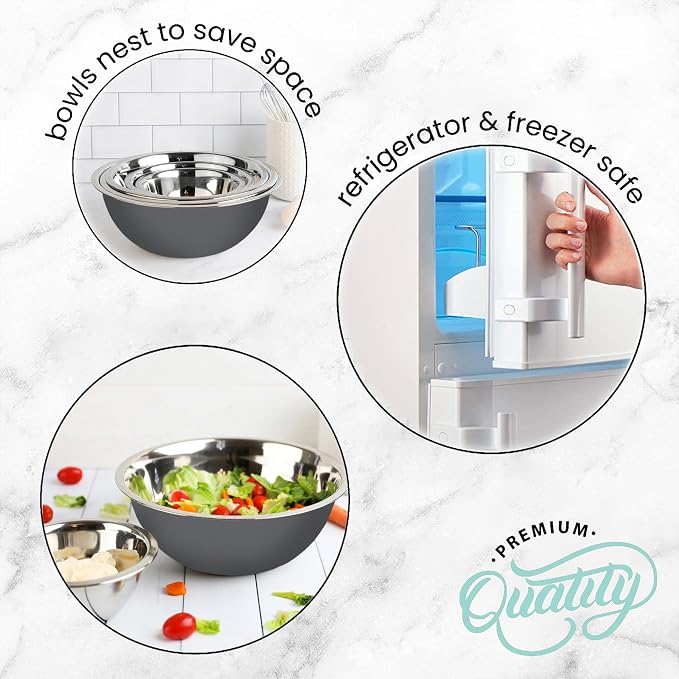 WHYSKO Stainless Steel Mixing Bowls Set, 5-Piece Meal Prep & Food Storage | .75, 1.5, 3, 4 & 5 Quart Metal Mixing Bowls Set for Prep, Serving, Baking & Food Storage, Ecofriendly, Dishwasher Safe, Grey