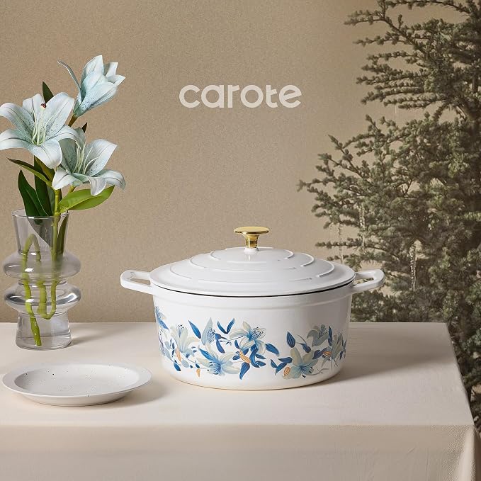 CAROTE 7QT Enameled Cast Iron Dutch Oven Pot with Lid, White & Blue | Sourdough Bread Baking with Cotton Potholders & Oven Gloves, Gift Box, Cookware for Braising, Oven Safe up to 500° F