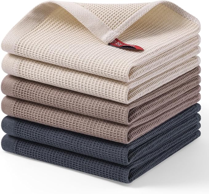 Homaxy 100% Cotton Waffle Weave Dish Cloths, 6 Pack | Soft and Absorbent Dish Towels, 12 x 12 Inches Quick Dry Dish Rags, Beige/Dark Grey/Brown