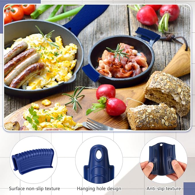 Patelai 8 Pcs Silicone Pot Holders Set Cast Iron Handle Cover Heat Resistant Pot Handle Covers Potholder Non Slip Reusable Pan Sleeve for Frying Pan Kitchen Supplies (Navy Blue)