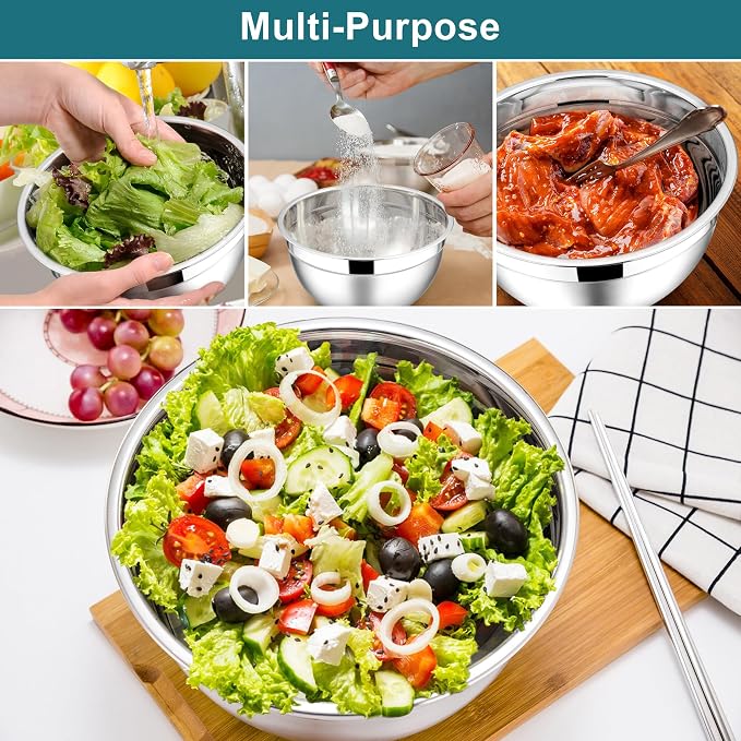 E-far Mixing Bowls with Lids Set, 6-Piece Stainless Steel Salad Bowls | Metal Nesting Cooking Bowls with Airtight Lid for Kitchen Storage, Baking & Prepping, Dishwasher Safe, 1.5/3/4.5 QT, Blue