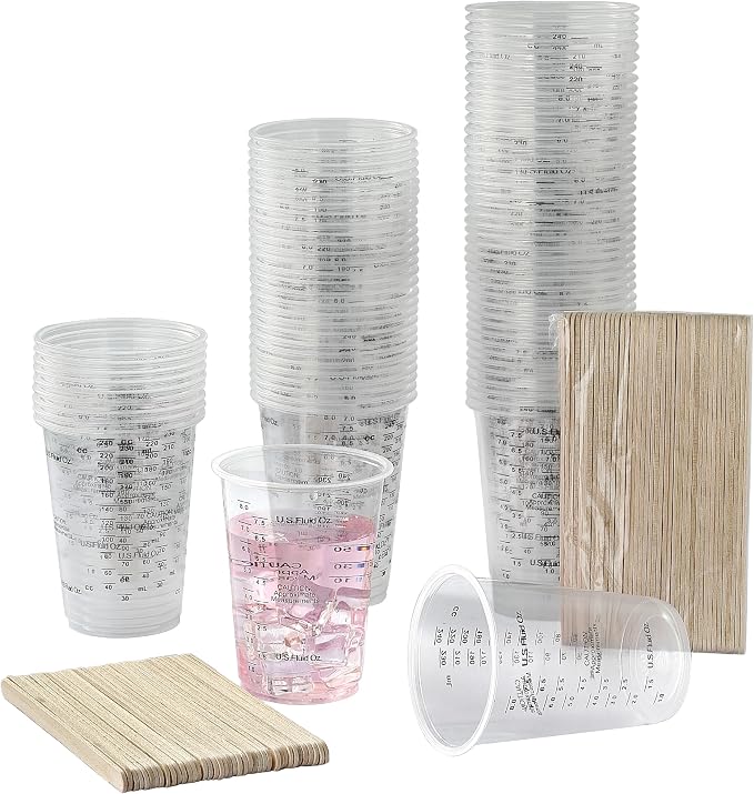 80pcs Paint Mixing Cups, DV 8oz Graduated Clear Plastic Measuring Cups with 80pcs Wooden Stirring Sticks for Mixing Paint, Pigments, Epoxy Resins, Resins
