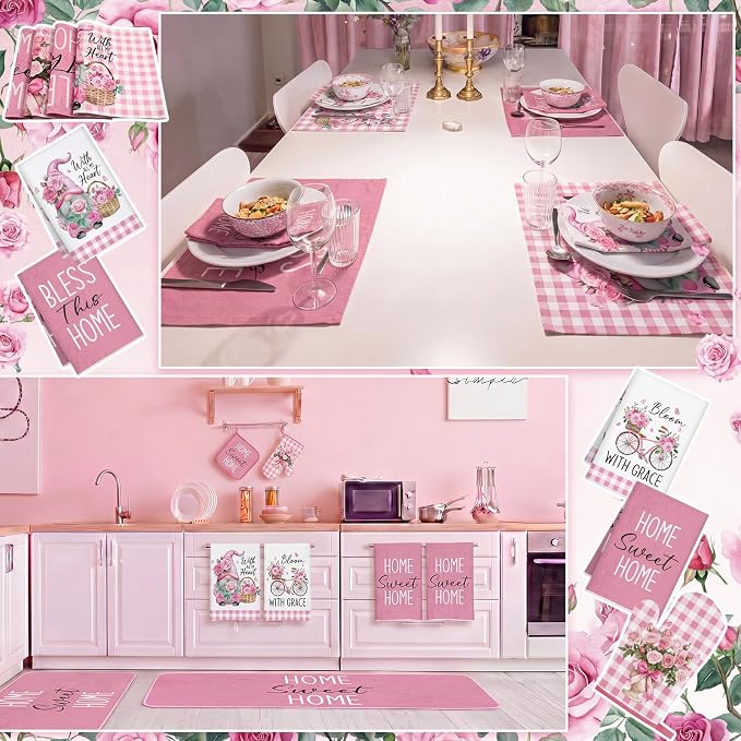 Fourluoo 16 Pcs Pink Rose Kitchen Decor Set Kitchen Towels Placemats Non Slip Rugs and Mats for Floor Oven Mitts Gloves Pot Holders Floral Curtains for Home Decoration Gift