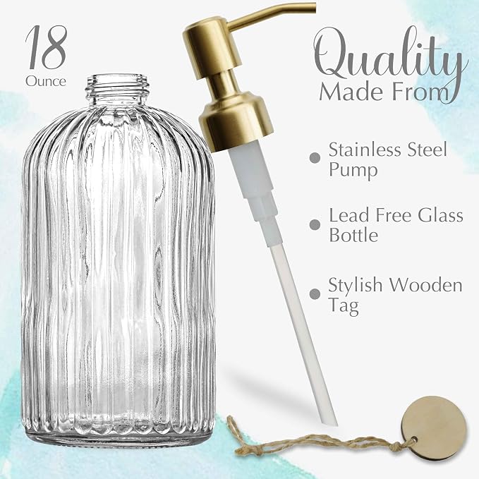 JASAI 18Oz Glass Soap Dispenser with Golden Pump for Kitchen,Refillable Liquid Hand soap Dispenser with Vertical Stripe, Clear Soap Dispenser Bathroom for Hand soap, Dish Soap, Lotion | Refillable Hand Soap Dispenser with Vertical Stripe, Gold Soap Dis...