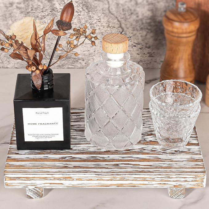 Wood Bathroom Tray Farmhouse Decor Kitchen Soap Holder, 9"x6" Retrowhite | Waterproof, Lightweight, Easy Clean, Small Wooden Riser Pedestal Stand Accessories for Office Desk, Vanity, Counter, Sink