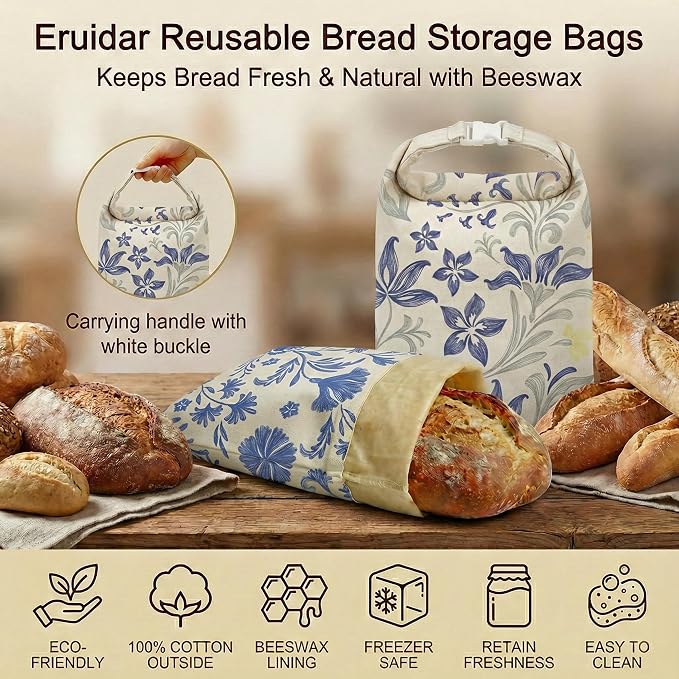 Beeswax Bread Bags for Sourdough & Homemade Bread (2 Pack) | XL 13"x17" Large Reusable Cotton & Linen Bread Bag, Keep Loaves Fresh Longer, Natural & Easy to Clean (Classic Blue Floral)