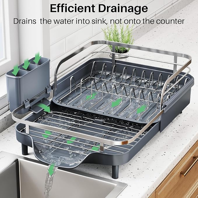 SNTD Expandable Dish Drying Rack for Kitchen Counter, 15.2-22.1 in, Gray | Rust-Resistant Stainless Steel, Protective Side Rails, Self-Draining Drainboard, Removable Utensil Holder