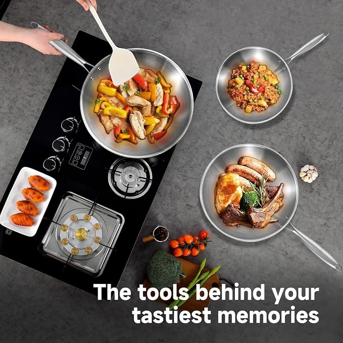 Inqibee 10 Inch Stainless Steel Wok Pan with Lid, Riveted Handle | Uncoated Tri-Ply Stainless Steel Stir Fry Pan, Everyday Cooking Wok for Induction, Flat Bottom, Dishwasher & Oven Safe