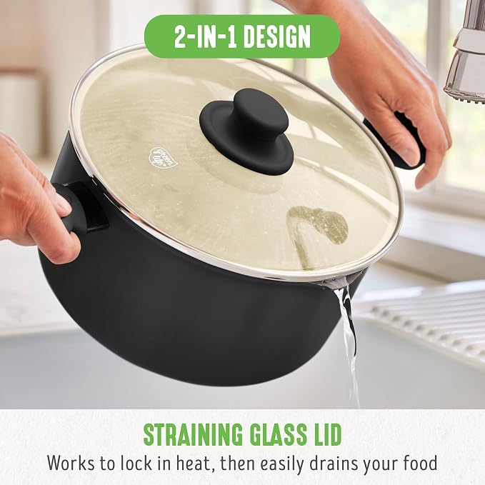 GreenLife 6QT Ceramic Nonstick Stockpot with Glass Straining Lid, Black | PFAS-Free Ceramic Nonstick Coating, Large Cooking Pot, Soup Pan, Stay-Cool Handles, Dishwasher & Oven Safe up to 350F