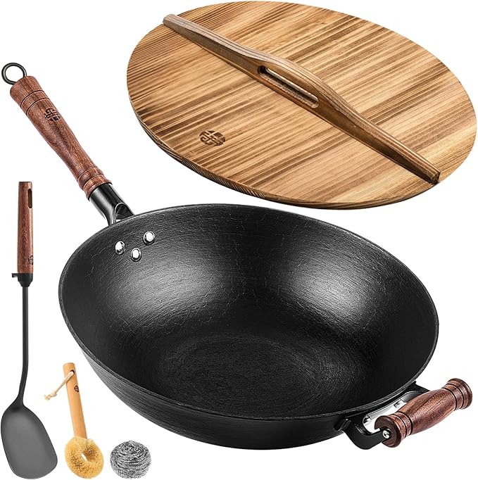 WANGYUANJI Cast Iron Wok Pan with Lid, 14.2 Inch Large Flat Bottom Uncoated Stir Fry Skillet, Heavy Duty Chinese Iron Pot for 4-6 People, Detachable Walnut Handle, Induction & Gas Safe