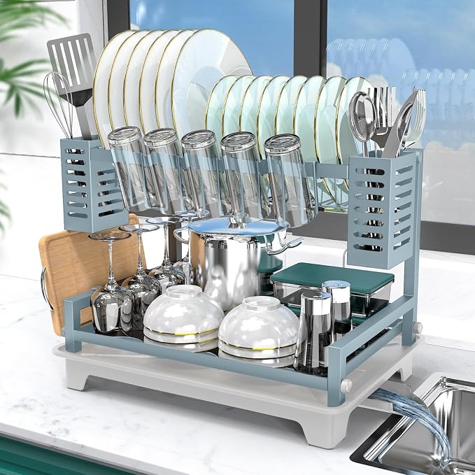Dish Drying Rack, Rust-Proof 2 Tier Dish Racks for Kitchen Counter | Large Dish Drying Rack with Drainboard & Utensil Holders, Dish Drainers,Kitchen Organization Blue