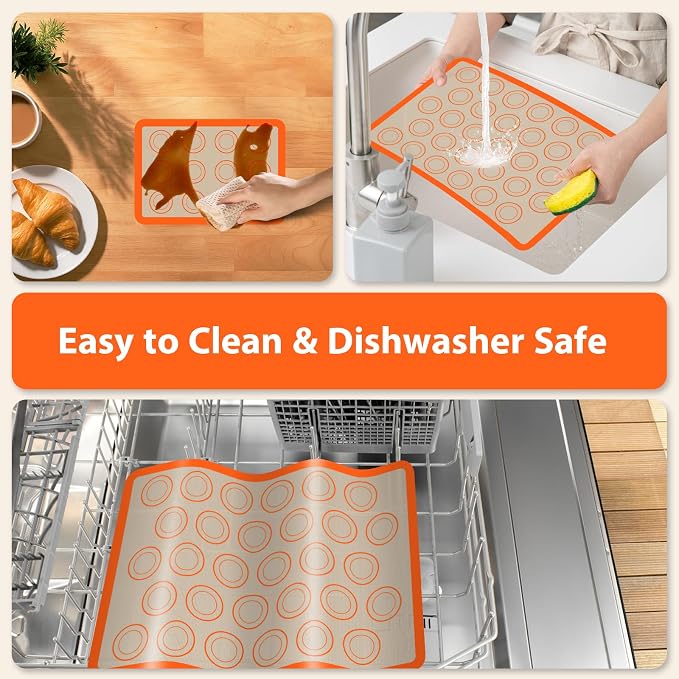Macaron Silicone Baking Mats, Nonstick & Reusable, 3 PCS | 2 Half Sheets and 1 Quarter Sheet Mat, Easy to Clean, Silicone Macaroon Mat for Cookie, Orange