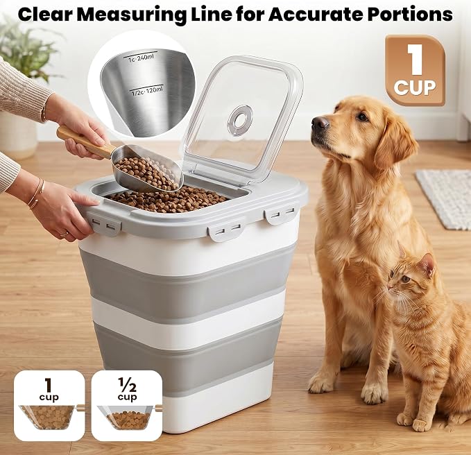 Dog Food Scoop 1 Cup with Clear Measurement Line, 304 Stainless Steel | Dog Food Measuring Cup with Long Wooden Handle, Pet Food Scoop for Dog Cat Food, Coffee, Flour