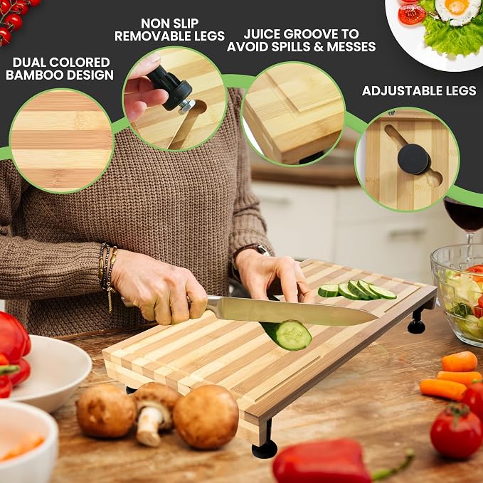 Ceaz Bamboo Cutting Board with Adjustable Legs - Raised Stovetop Cover, Wood Chopping Butcher Block with Juice Grooves for Kitchen, RV, Camper - Complete with Silicone Food Covers