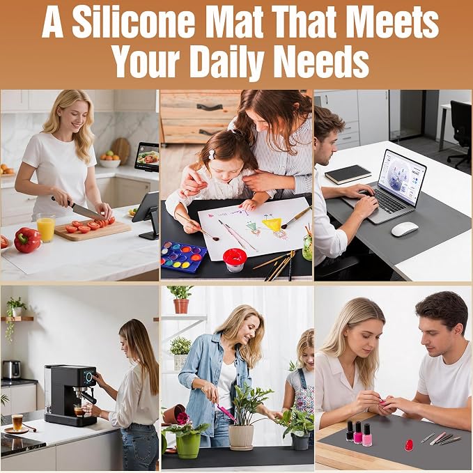 Silicone Mat for Kitchen Counter with Edge Protection – Quartz Countertop Protector, Heat Resistant & Non-Slip, Easy Clean, 100% Food Grade Silicone, 28"x20" (Black)