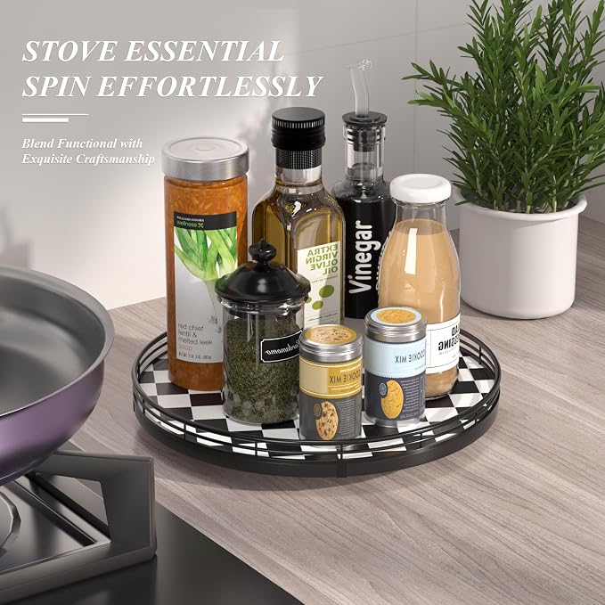 AMH 12 Inch Black and White Checkerboard Lazy Susan with Oak Wood Base | Smooth rotating oak tray with walnut finish for dining tables, kitchen counters, pantries and cabinet storage.