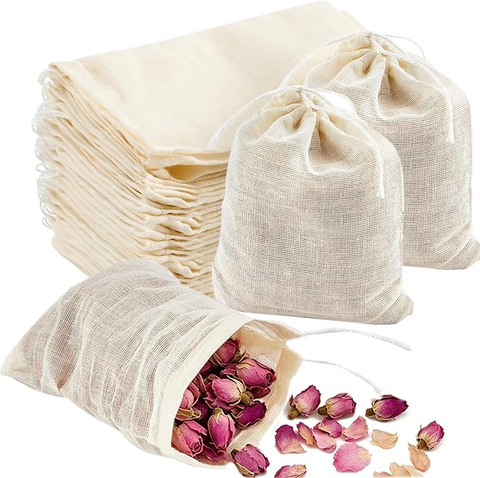TUZAZO 24 Pcs Muslin Bags with Drawstring 3 x 4 inch, Reusable Tea Bags for Loose Leaf Tea, Natural Cotton Unbleached Cheesecloth Small Spice Bag for Cooking Soup Herb Sachet Bag Empty