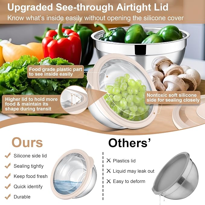 E-far Mixing Bowls with Lids and Graters, Stainless Steel Salad Mixing Bowl with Transparent Lid Set of 3, Metal Nesting Salad Storage for Kitchen Prepping/Serving/Baking, 4.6/2.6/1.5QT - Khaki
