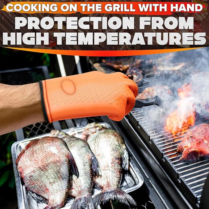 Silicone Grill Gloves for Cooking, Non-Slip and Heat Resistant Material | 11x5.3" Silicone BBQ Gloves with Cotton Lining; Waterproof; Suitable for Grilling, BBQ, Smoker, Handling Hot Pots and Pans