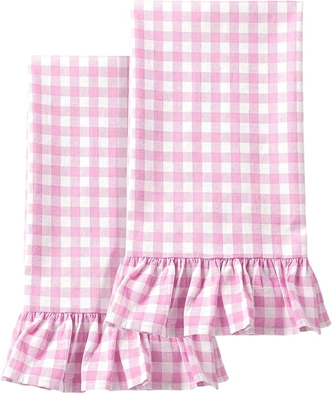 HunnmingRe 2 Pcs Hot Pink Gingham Kitchen Towels Cotton Ruffled | Checked Dish Towels 18"x28" Tea Cloths Plaid Cottage Core Kitchen Decor for Farmhouse Charm Drying Dishes Entertaining Guests