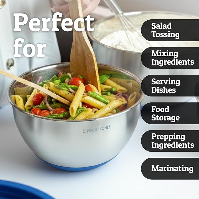 Stainless Steel Mixing Bowls with Lids Set, Metal Nesting Bowls with Airtight Lids, Graters, Non-Slip Base & Measurement Marks, Includes Utensil Set for Prep, Baking & Storage, Blue